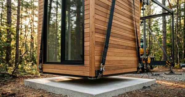 A crane lowering a prefabricated cedar-clad modular tiny home onto a poured concrete slab foundation in a forested setting