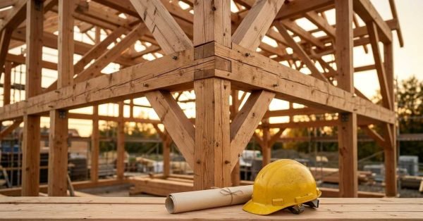 Heavy timber post-and-beam structural frame under construction with diagonal knee braces, mortise and tenon joinery, and structural bolts, staged with a rolled blueprint tied with twine and a yellow construction hard hat on a wooden beam in the foreground during golden hour