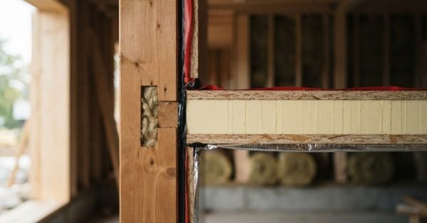 Cross-section of a structural insulated panel (SIP) connected to a solid timber column with airtight sealing tape and insulated mortise joint on a building site