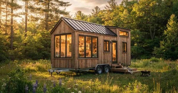 A rustic wooden tiny home on a wheeled trailer with large picture windows and a standing seam metal roof parked in a sunlit wildflower meadow beside a forest