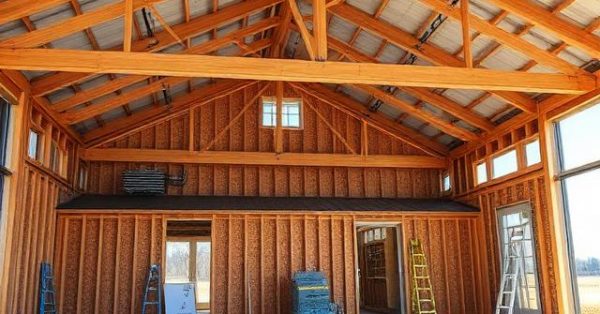 Steel-frame barndominium under construction showing metal roofing, structural steel framing, insulation systems, concrete slab, overhead doors, workshop space, HVAC installations, and specialized building components commonly inspected before project completion.