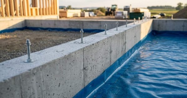 A poured concrete stem wall foundation with threaded anchor bolts installed along the top ledge, lined with a blue vapor barrier membrane on a residential construction site