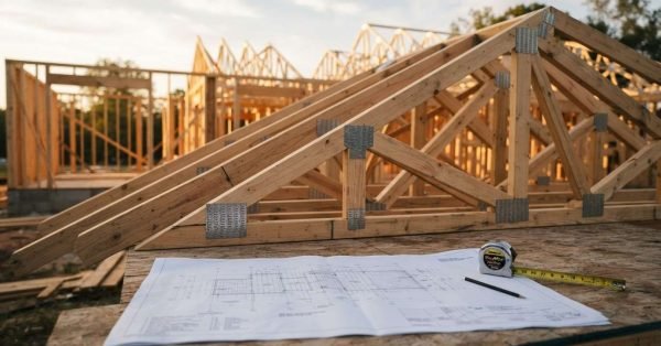 Prefabricated wood roof trusses stacked with architectural floor plans, pencil, and tape measure on a residential framing construction site at sunset