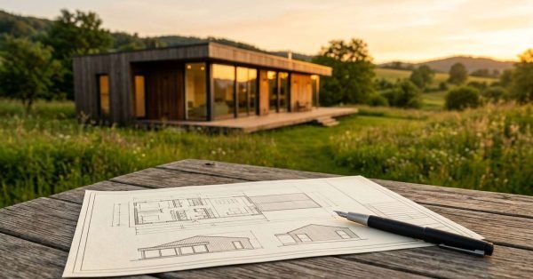 An architectural floor plan blueprint and black fountain pen on a weathered wooden picnic table overlooking a modern timber prefab home in a grassy meadow at sunset