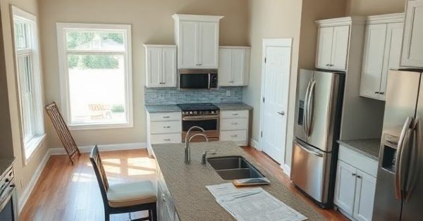 Completed new construction home prepared for a pre-closing inspection, featuring finished flooring, cabinetry, appliances, bathrooms, windows, doors, and realistic punch-list items awaiting final correction before settlement.