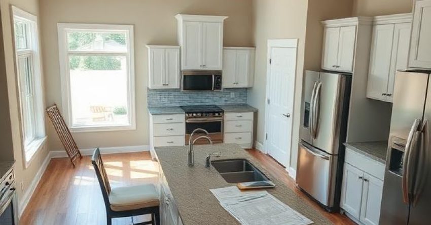 Completed new construction home prepared for a pre-closing inspection, featuring finished flooring, cabinetry, appliances, bathrooms, windows, doors, and realistic punch-list items awaiting final correction before settlement.