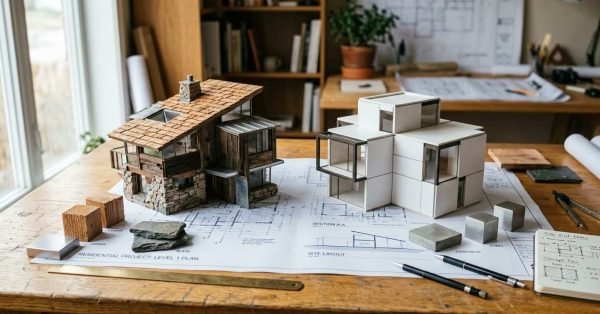 Two architectural scale model homes—a rustic stone and wood cabin and a modern white geometric structure—placed on blueprints alongside material samples in a studio