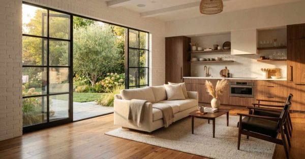 A modern open-concept luxury guest suite featuring black-framed bi-fold patio doors opening to a garden, a neutral sofa, warm walnut kitchen cabinets, and light hardwood floors
