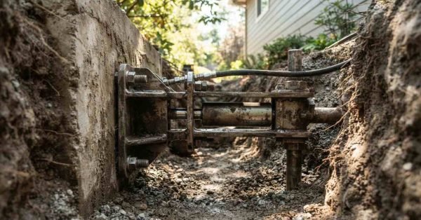 A heavy-duty hydraulic push pier underpinning system bolted to a concrete footing in an excavated trench during residential foundation repair