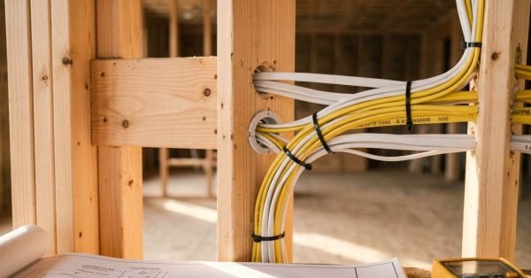 Bundled yellow and white Romex electrical wiring routed through timber wall studs with protective bushings above an electrical lighting blueprint