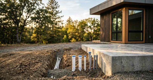 A utility trench with electrical conduit and capped white plumbing PVC pipes running directly into a raised concrete slab foundation for a modern prefab ADU