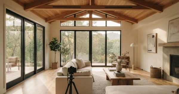 Modern living room interior featuring vaulted wood beam ceilings, large black glass sliding doors, cream sofa, and a DSLR camera on a tripod