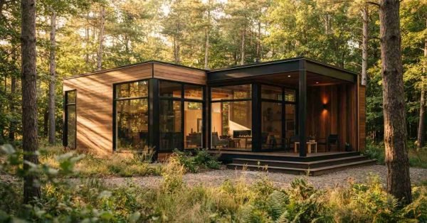 A contemporary single-story timber prefab modular cabin with black metal trim, expansive floor-to-ceiling glass windows, and a covered porch nestled in a lush, sunlit pine forest