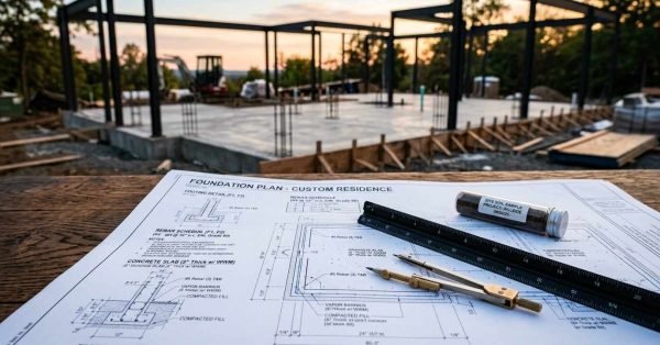 Foundation plan blueprint for a custom residence with drafting tools and a soil sample vial on a wooden table overlooking a concrete slab foundation with steel framing at sunset