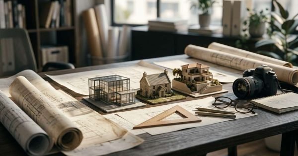 Miniature architectural models of modern and traditional homes arranged on a wooden desk alongside rolled blueprints, a camera, drafting tools, and glasses in an architect's studio.