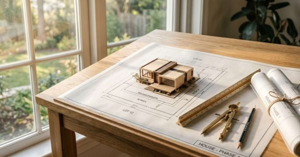 Architectural scale model of a modern wooden home set on a lot site plan blueprint with a brass compass, triangular scale ruler, pencil, and rolled blueprints on a sunlit oak desk