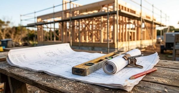 Architectural blueprints, a spirit level, rolled plans held with a clamp, and a pencil resting on a wooden workbench at a tiny home construction site with wooden framing and scaffolding in the background.