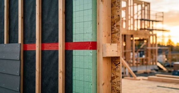Cross-section detail of a rainscreen wall assembly showing grey siding, vertical wood furring strips, weather-resistive barrier, rigid green foam insulation board, OSB sheathing, and wood stud framing