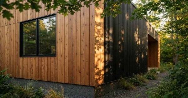 An exterior corner view of a modern prefab home combining vertical warm wood plank siding, matte black corrugated metal cladding, and a black-framed window surrounded by lush forest landscaping