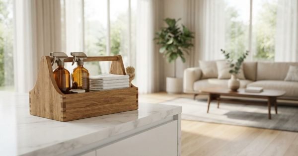 Solid oak cleaning caddy with exposed box joint joinery holding two amber glass spray bottles with brushed metal trigger nozzles, a stack of white folded cleaning cloths, and a wooden scrub brush, resting on a white veined marble kitchen island overlooking a sunlit modern living room with floor-to-ceiling sheer drapery