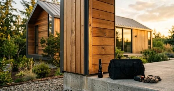 A building inspector's canvas tool bag, high-powered flashlight, tape measure, and leather work gloves resting on a concrete patio slab during an exterior inspection of modern wood-clad prefab cabins