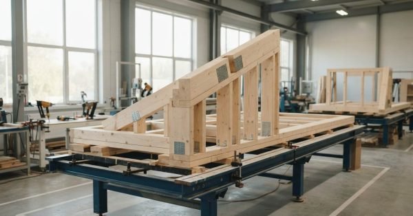 A prefabricated angled timber wall frame secured with steel gusset plates on an assembly table inside an offsite construction factory