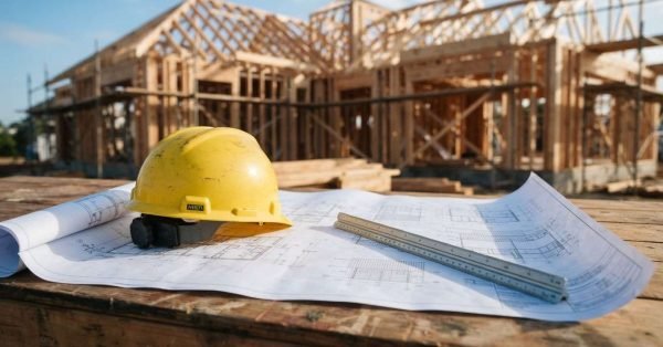 Yellow hard hat and an architectural scale ruler resting on unrolled blueprints at an active residential house construction site