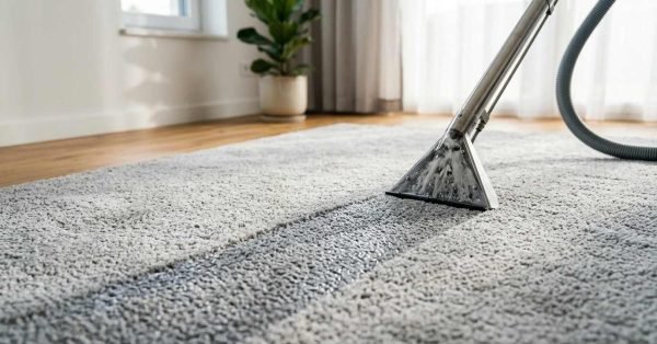 Commercial hot water carpet extractor wand with a clear viewing nozzle actively extracting suds and water along a defined cleaning path on a light grey plush shag area rug over natural hardwood floors in a sunlit modern living room