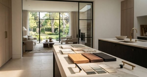 Interior design material samples—including marble, terrazzo, wood finishes, paint swatches, and cabinet handles—arranged on a marble kitchen island overlooking a sunlit living room and garden
