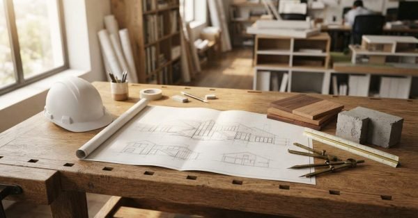 Architectural house elevation drawings, white hard hat, wood swatches, concrete blocks, scale ruler, and drafting compass on a wooden workbench in a sunlit studio