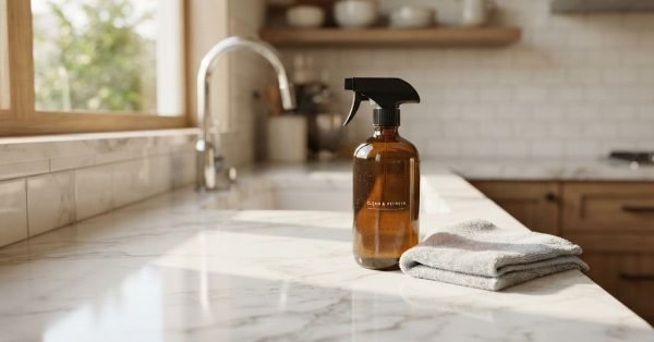 An amber glass spray bottle with a black nozzle beside a folded gray microfiber cloth on a sunlit white marble kitchen countertop near a sink