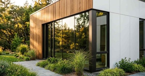 Exterior corner of a modern prefab ADU featuring vertical natural wood cladding, crisp white architectural wall panels, floor-to-ceiling reflective glass windows, and a bluestone garden path surrounded by ornamental grasses