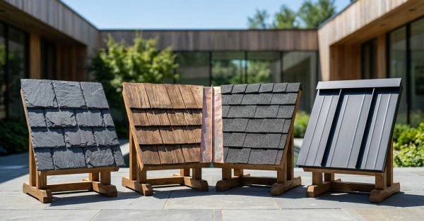 Four roofing material samples including natural slate, wood shakes, asphalt shingles, and standing seam metal panels on wooden display stands outdoors.