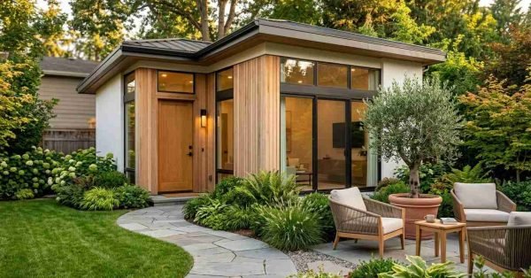 Modern detached granny flat ADU featuring white stucco and vertical cedar timber cladding, flat overhanging roofline with dark fascia, black-framed sliding glass patio doors, and natural wood entry door opening onto a flagstone paver walkway and landscaped backyard patio with woven outdoor armchairs and a potted olive tree