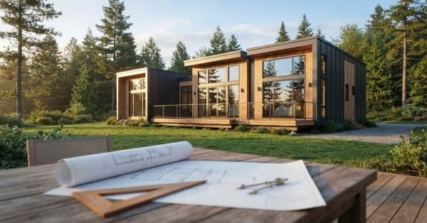 An unrolled architectural blueprint, wooden set square, and drafting compass on an outdoor patio table with a modern prefab modular cabin and pine forest in the background