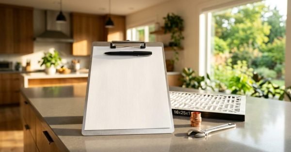Metal clipboard with blank paper standing on a kitchen island countertop alongside an HVAC air filter, copper pipe fitting, and adjustable wrench