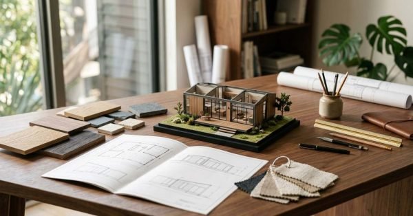 Architectural scale model of a modern glass-and-timber prefab home surrounded by an open floor plan booklet, wood and stone swatches, fabric samples, and drafting tools on a wooden desk