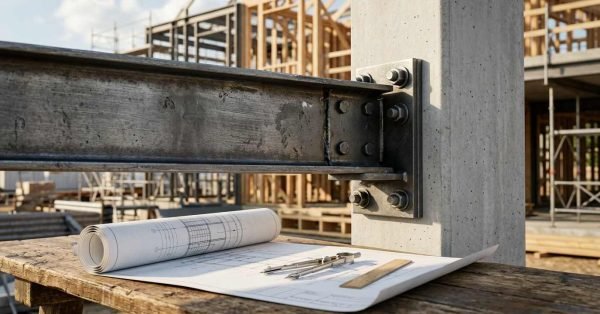 A heavy-duty steel I-beam bolted to a concrete structural column above a wooden workbench holding architectural blueprints, a drafting compass, and a ruler at an active timber-framed construction site