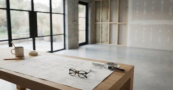 Architectural conversion blueprints, reading eyeglasses, a tape measure, and coffee mug resting on a light oak workbench inside an unfinished garage converted into a living space with black-framed glass doors