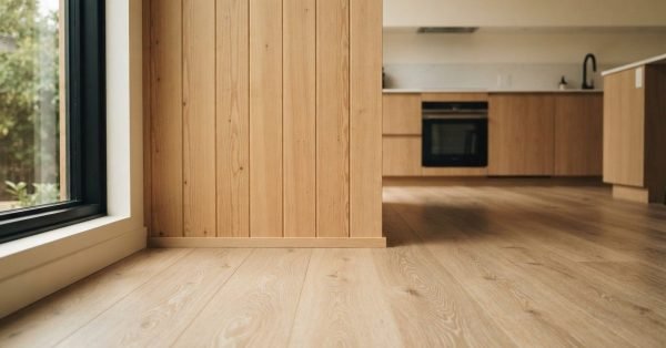 A low-angle view of light natural oak hardwood flooring and vertical wood slat paneling leading toward a modern minimalist kitchen in a modular home