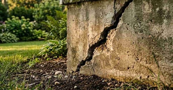 A severe diagonal fracture and crumbling spall damage on the corner of an exterior poured concrete house foundation wall adjacent to a landscaped lawn