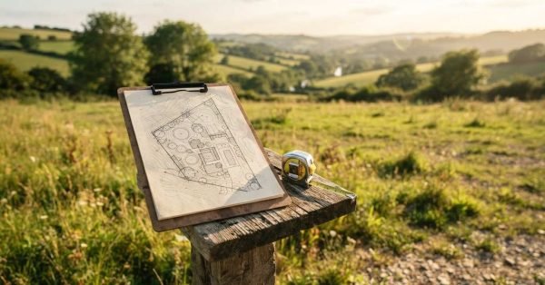 A clipboard holding a hand-drawn architectural site plan and landscape schematic resting beside a retractable tape measure on a wooden post overlooking a sunlit rural hillside