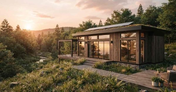 A sustainable modern prefab cabin with vertical wood siding, a green living roof with solar panels, and large glass sliding doors opening onto a wrap-around deck overlooking a forest and river at sunset