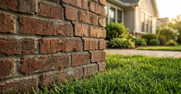 A prominent stair-step settlement crack running through the red brick and mortar joints of an exterior house foundation pillar above a green lawn