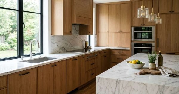 Modern custom kitchen featuring white oak cabinetry, white marble countertops with a waterfall edge island, built-in double wall ovens, and glass pendant lights