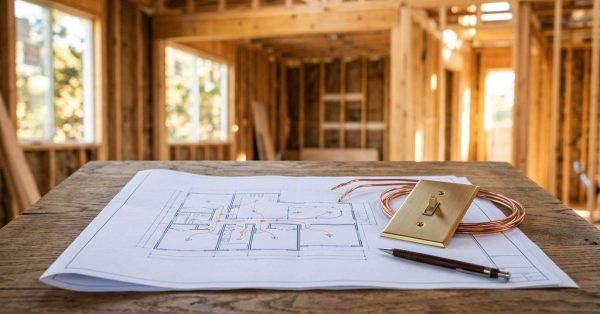 Electrical layout blueprint displayed on a wooden table alongside a coil of copper wire, a brass toggle light switch plate, and a pen inside a house framed with wooden studs