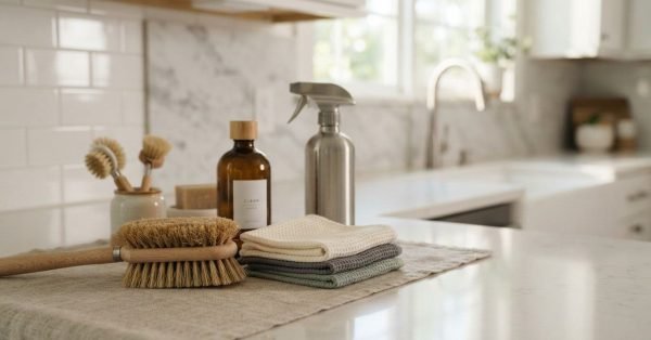 Eco-friendly kitchen cleaning set arranged on a woven linen mat over a white quartz countertop, featuring a wooden handheld scrubbing brush, stacked waffle-weave microfiber cloths, an amber glass bottle with a wood cap, a brushed stainless steel spray bottle, and small round dish brushes in a ceramic crock with a subway tile backsplash and kitchen sink in the background