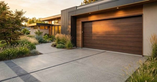 Modern home exterior with a warm wood grain sectional garage door, dark metal trim, and a concrete driveway leading to a curved walkway