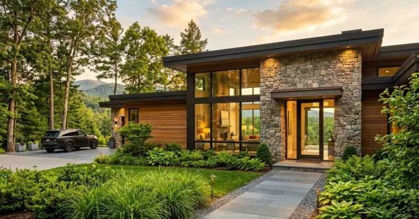 Modern custom home exterior featuring warm wood lap siding, natural stone accents, floor-to-ceiling glass windows, and a bluestone walkway leading to the glass front door at sunset