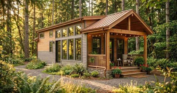 Contemporary park model tiny home cabin nestled in a sunlit pine forest with a standing-seam copper metal roof, two-tone natural cedar and grey horizontal lap siding, raised stacked-stone foundation, timber-framed covered front porch illuminated by bistro string lights, and oversized black-trimmed picture windows facing a gravel driveway and native fern garden